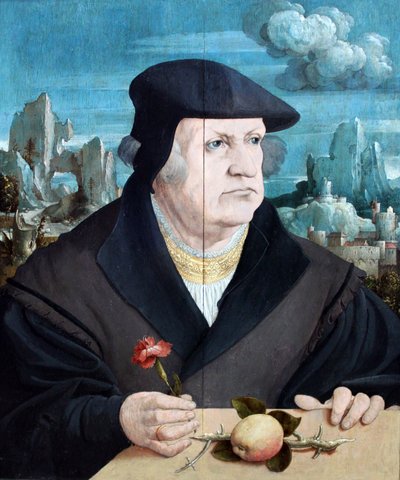 Portrait of a Man before a Landscape Holding a Carnation by Gerlach Flicke